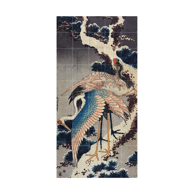 Two cranes on a snowy pine branch - large
