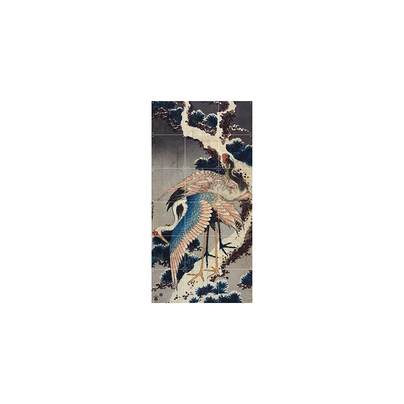 Two cranes on a snowy pine branch - small