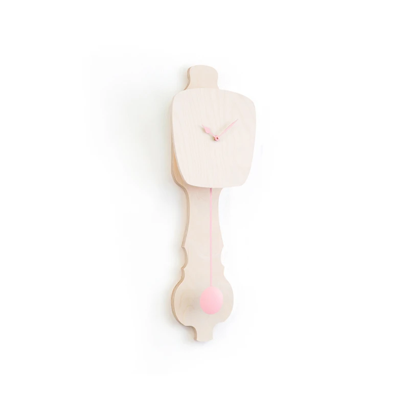 Wall clock pendulum small - Bare wood/peach pastel