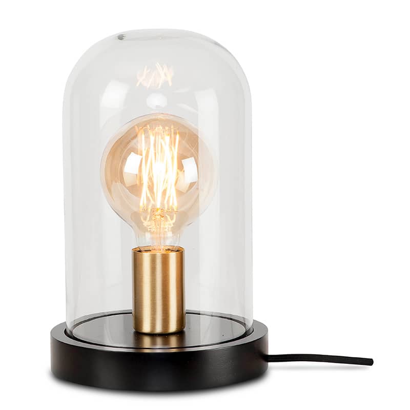 Tafellamp glas/hout stolp Seattle rond dia.18x29,5cm - Zwart/transparant