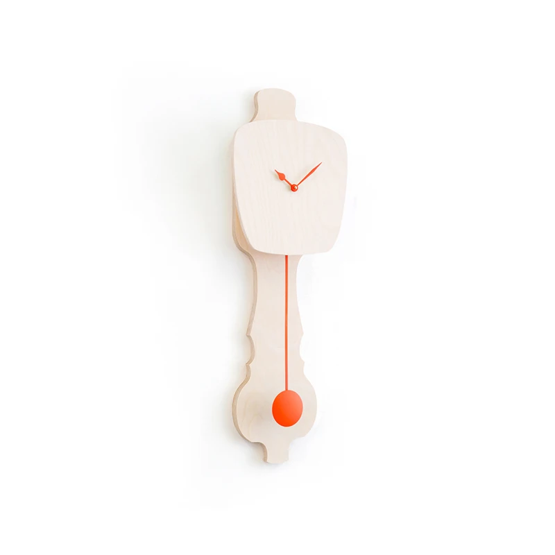 Wall clock pendulum small - Bare wood/neon orange