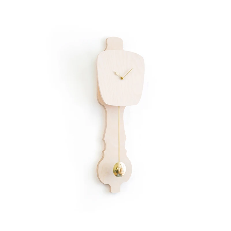 Wall clock pendulum small - Bare wood/shiny gold