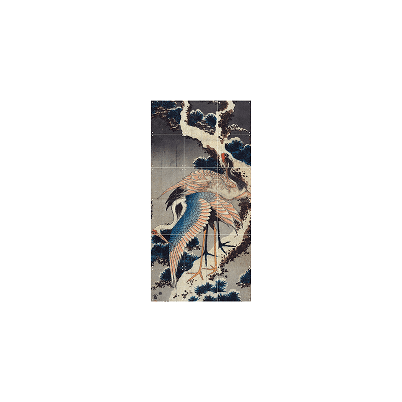 Two cranes on a snowy pine branch - small