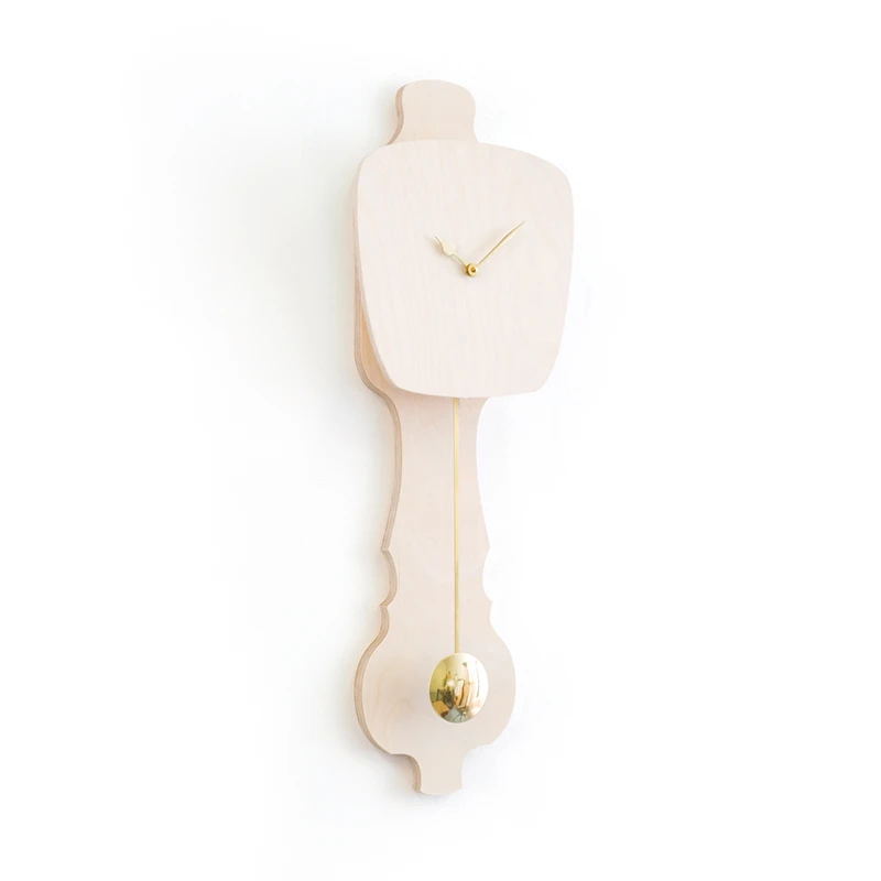 Wall clock pendulum large - Bare wood/shiny gold