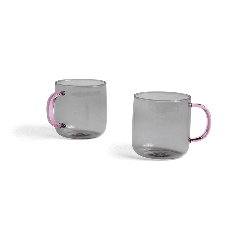 Borosilicate Mug Set of 2 - Light grey with pink handle