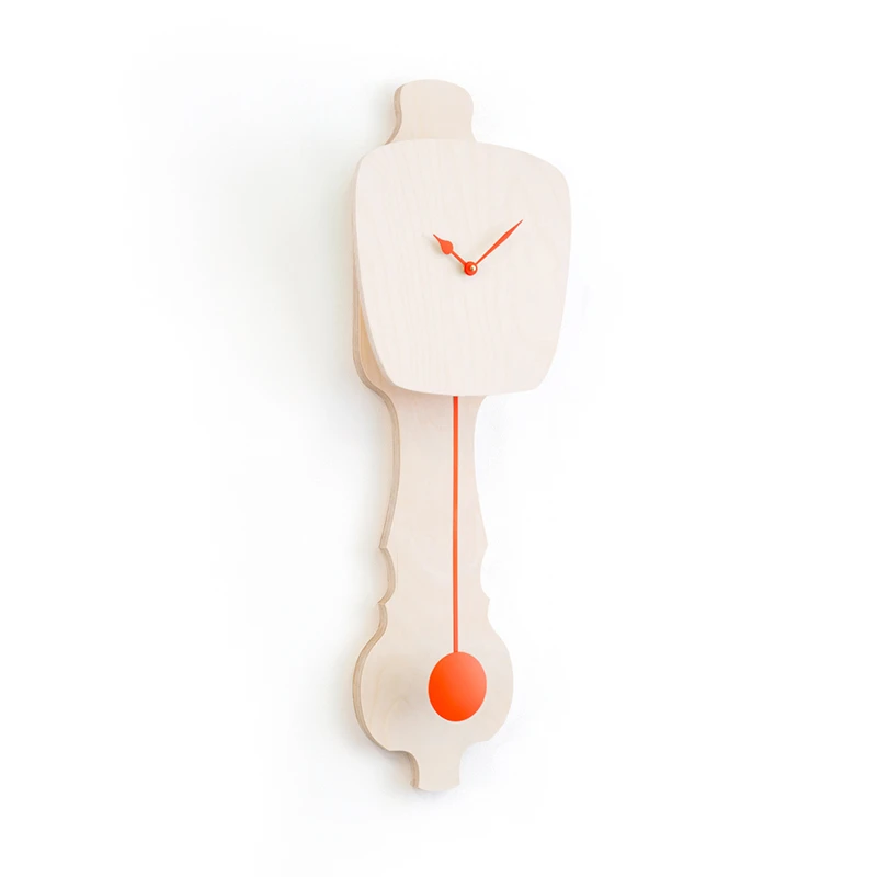 Wall clock pendulum large - Bare wood/neon orange