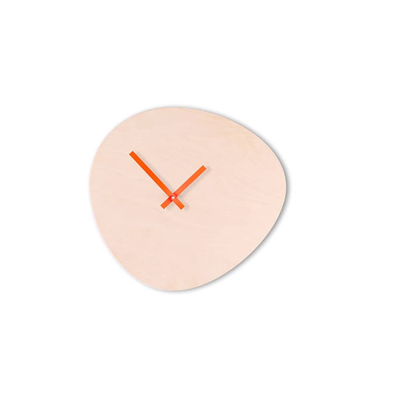Wall clock pebble - Bare wood/neon orange