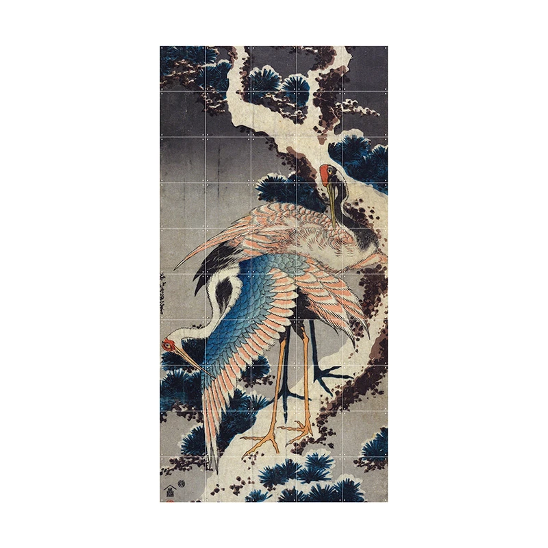 Two cranes on a snowy pine branch - large
