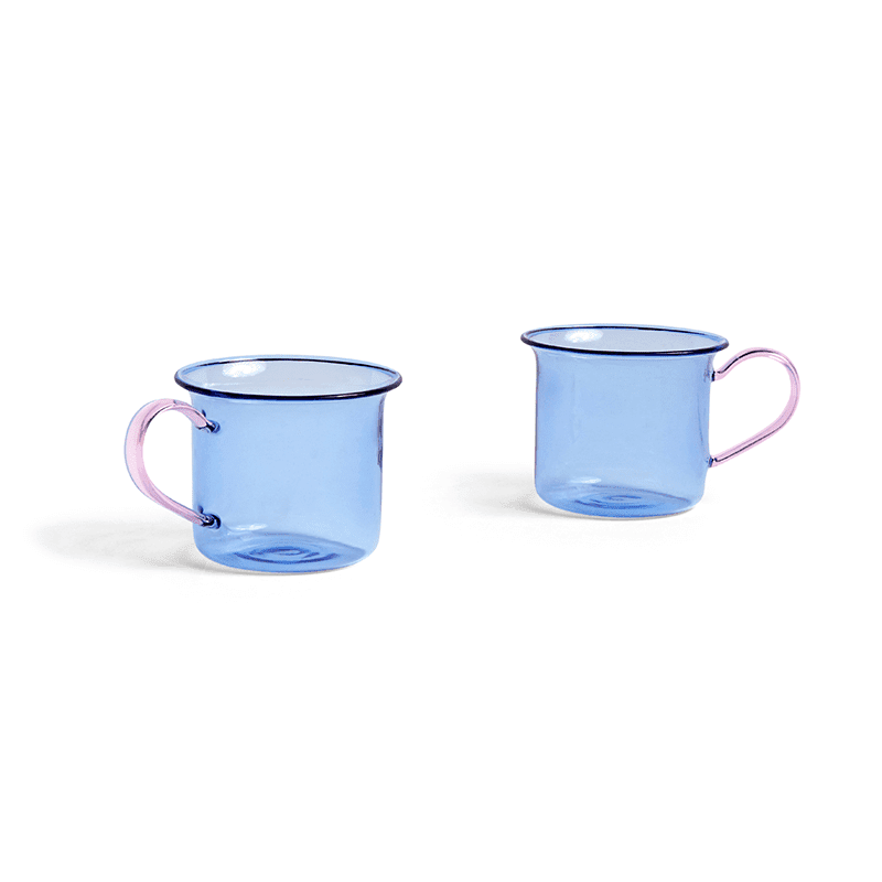 Borosilicate Cup Set of 2 - Light blue with pink handle